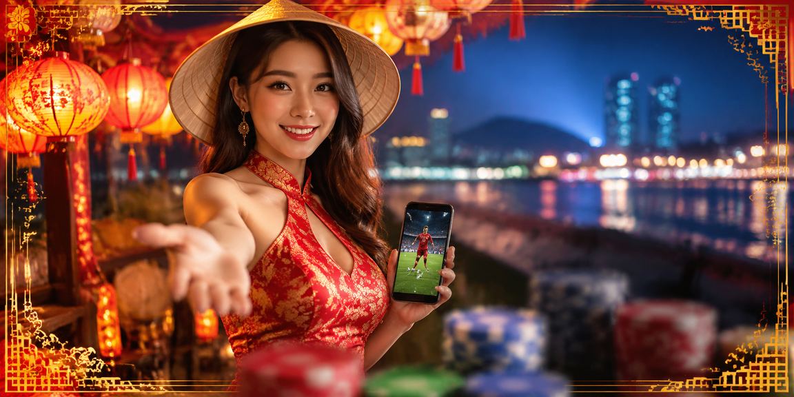 Cảnh chợ đêm Vũng Tàu với người dùng theo dõi cá cược thể thao trên điện thoại